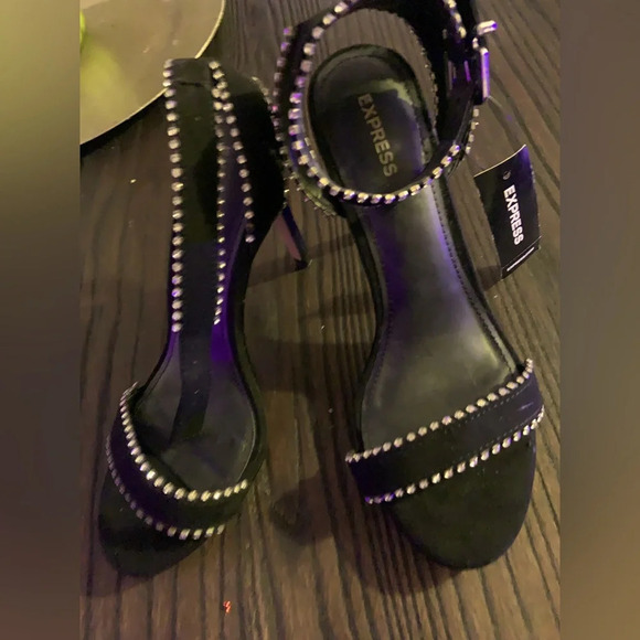 Express bedazzled black Strappy ankle suede heels Nwt $90 fall evening formal - Picture 4 of 6